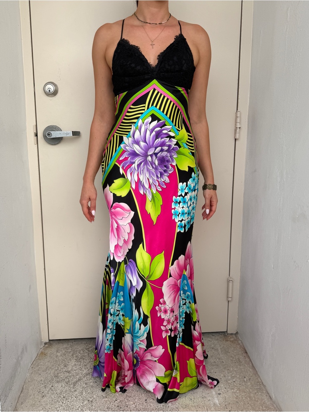 Vintage Cache Silk Floral Lace Bust Mermaid Maxi Dress Y2K Evening Gown Sz 2